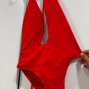Sexy red bathing suit ties and backless